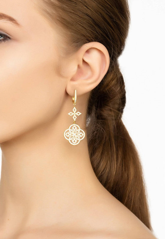 Elegant Celtic Knot Clover Drop Earrings - 22ct Gold-Plated, Zircon-Accented, 925 Sterling Silver