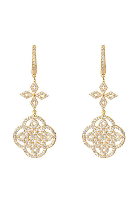 Elegant Celtic Knot Clover Drop Earrings - 22ct Gold-Plated, Zircon-Accented, 925 Sterling Silver